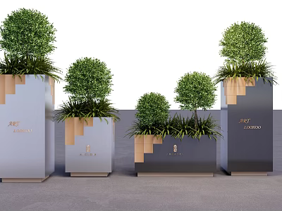 Modern Garden Decorative Planters With Green Topiaries And Tiered Design 3d model