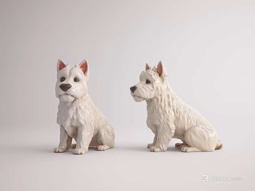 Two White Ceramic Dog Figurines Seated Side by Side on Light Background 3d model 