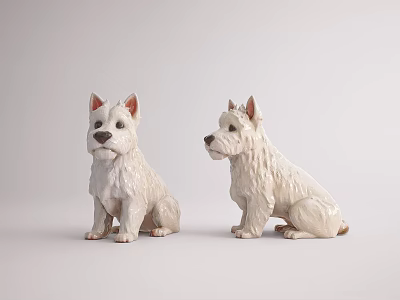 Two White Ceramic Dog Figurines Seated Side by Side on Light Background 3d model