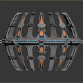 Futuristic Circular Mechanical Device With Metallic Arms Blue Core And Orange Accents