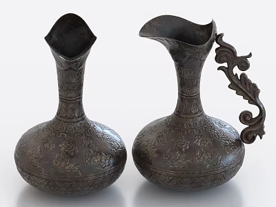 Pair of Traditional Ceramic Vessels With Intricate Carved Patterns And Ornate Decorative Handle 3d model