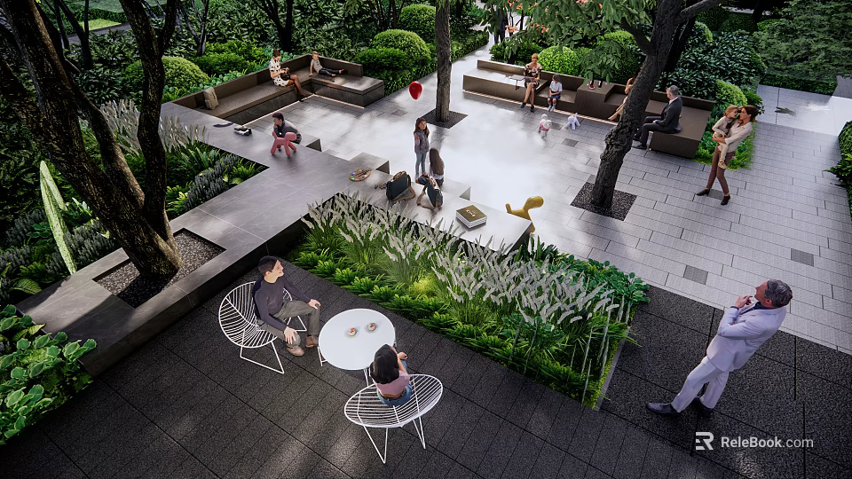 Garden Landscape With Paved Pathways People Relaxing On Benches And Lush Green Foliage 3d model 