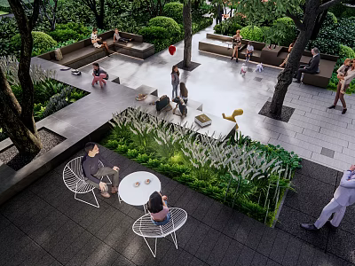 Garden Landscape With Paved Pathways People Relaxing On Benches And Lush Green Foliage 3d model
