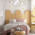 Cozy Kids Room With Wicker Headboard Pink Bedding Yellow Walls And Star Decorations