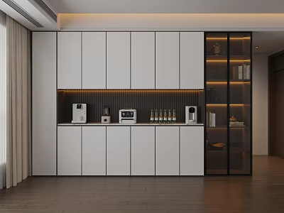 Modern White Sideboard Interior Design With Glass Doors Appliances And Decorative Items 3d model