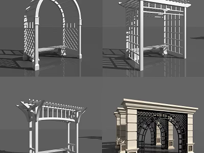Various Pergola Designs With Arched Structures Latticed Panels And Decorative Columns 3d model