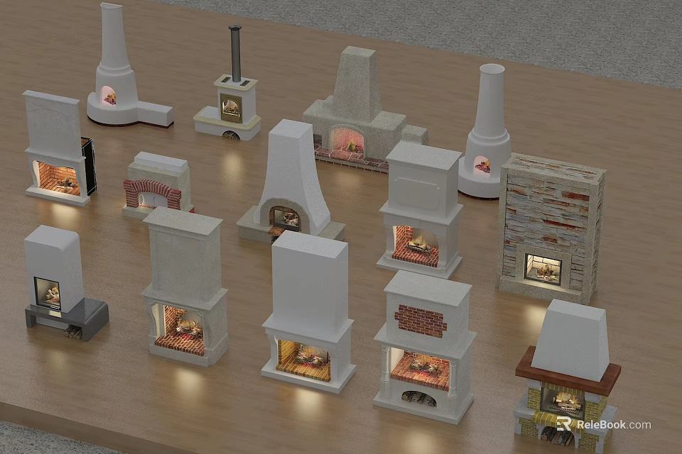 Various Fireplace Models With Different Designs Shapes And Materials On Wooden Table 3d model