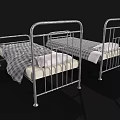 Two Single Beds With Metal Frames Plaid Bedspread And White Pillows 3d model