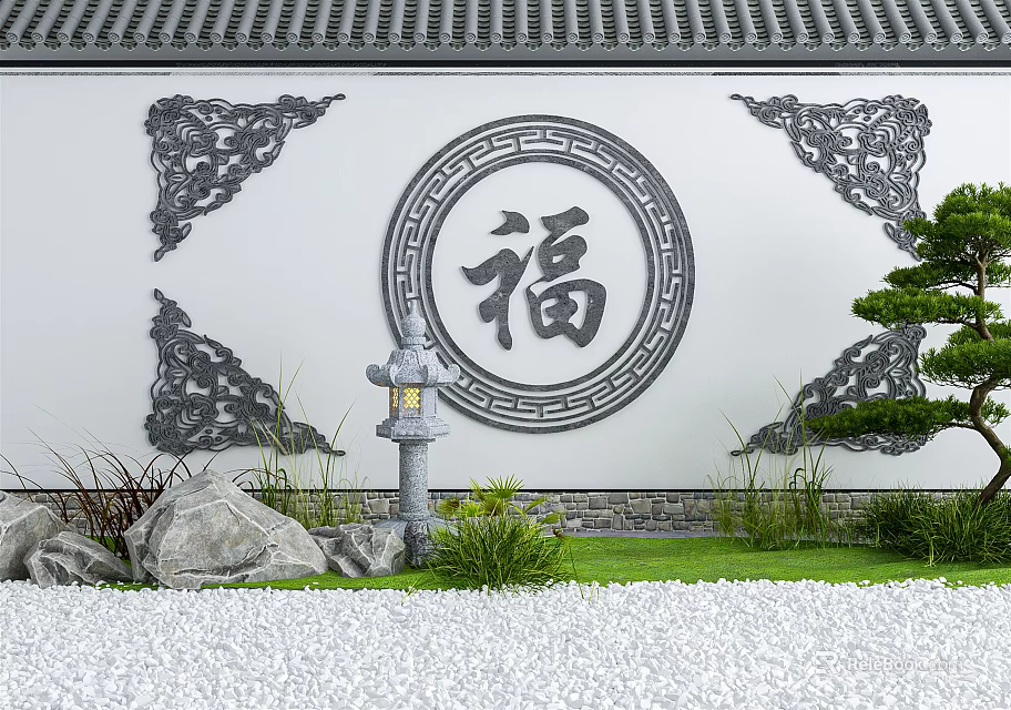 Chinese Feature Wall featuring circular Fu character carved patterns stone lantern green plants and gravel 3d model 