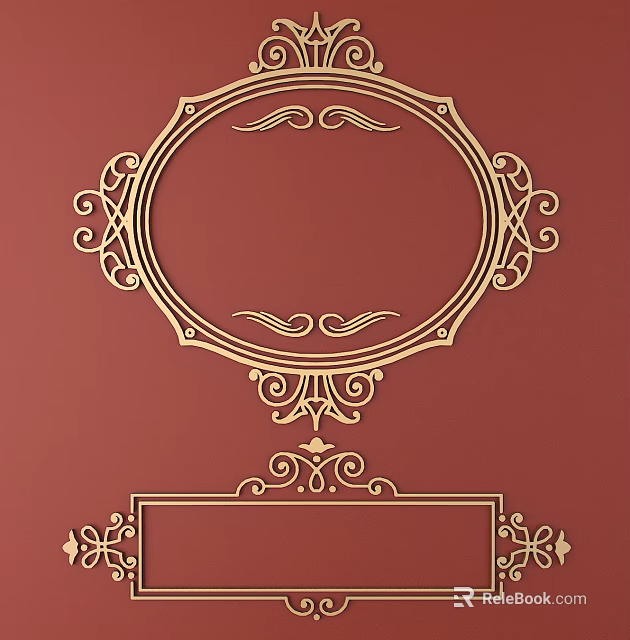 Ornate Golden Carved Designs on Red Background With Circular Rectangular Frames And Intricate Scroll Patterns 3d model
