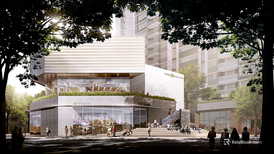 Modern Urban Building With Grid Facade Green Roof And Pedestrian Area In Tree Lined Environment 3d model 