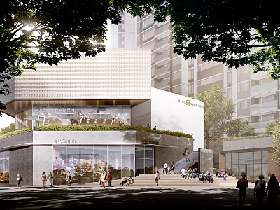 Modern Urban Building With Grid Facade Green Roof And Pedestrian Area In Tree Lined Environment 3d model