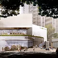 Modern Urban Building With Grid Facade Green Roof And Pedestrian Area In Tree Lined Environment