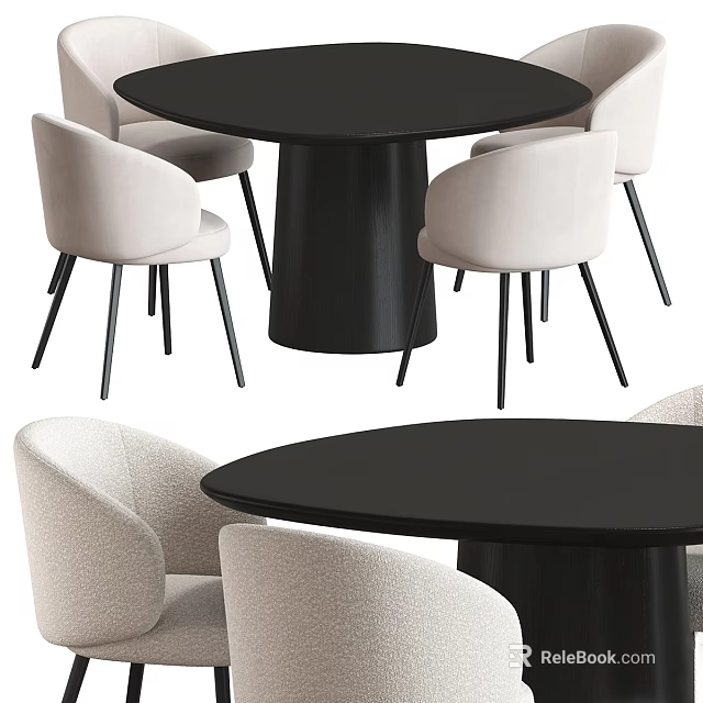 Beige Modern Dining Chairs With Black Legs And Black Round Table Set Interior Design 3d model 