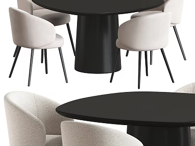Beige Modern Dining Chairs With Black Legs And Black Round Table Set Interior Design 3d model