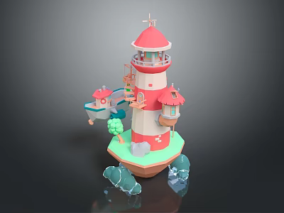 Cartoon Scene With Red And White Lighthouse Small Boat And Green Island 3d model