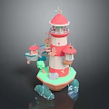 Cartoon Scene With Red And White Lighthouse Small Boat And Green Island