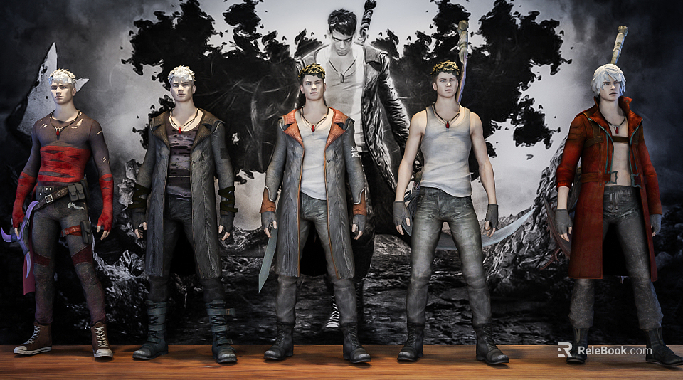 Game And Movie Characters With Multiple Different Outfits Artistic Background Standing Pose 3d model 