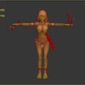 Tribal Female Character In Green Attire With Headpiece Arm Bands And Feather Decorated Tools