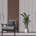 Elegant Lounge Chair with Soft Cushion Woven Back Wooden Armrest Green Plant on Striped Rug