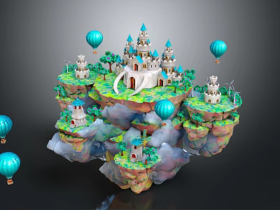 Enchanting Floating Islands With Central Castle Blue Hot Air Balloons Trees And Small Buildings 3d model