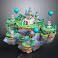 Enchanting Floating Islands With Central Castle Blue Hot Air Balloons Trees And Small Buildings