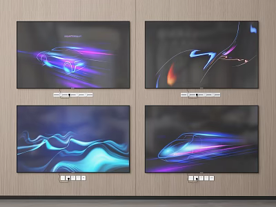 Four TVs Displaying Dynamic Visuals On Wooden Wall 3d model