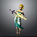 Mythical Elven Character With Golden Hair In Teal Outfit Holding Bow And Purple Arrow