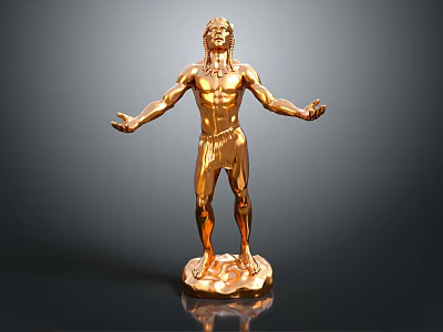 Golden Male Statue With Outstretched Arms Standing On Shiny Base 3d model