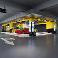 Modern Car Dealership With Yellow Black Exterior Glass Doors Lounge And Sports Cars In Garage