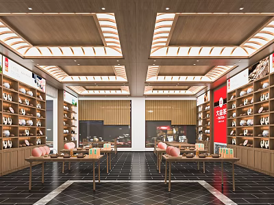 Spacious Specialty Store Interior With Wooden Shelves Display Tables And Decorative Ceiling 3d model