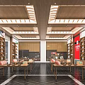 Spacious Specialty Store Interior With Wooden Shelves Display Tables And Decorative Ceiling