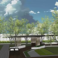 Modern Curved Pergola Design In Garden With Lawn Trees And Paved Area