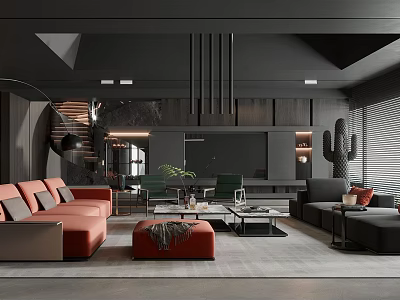 Modern Living Room Interior Design With Black And Orange Sofas Coffee Tables And Cactus Decor 3d model