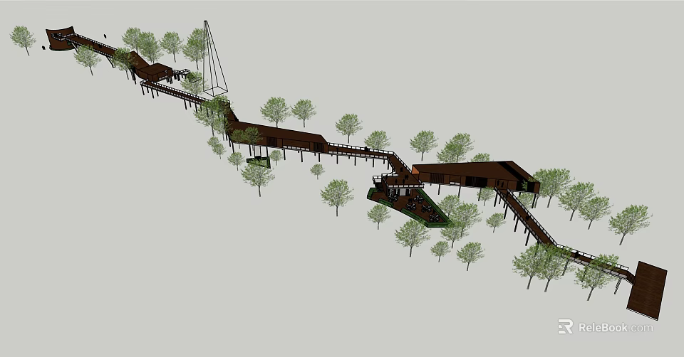 Scenic Wooden Walkway Landscape Design With Curved Path And Surrounding Trees 3d model 