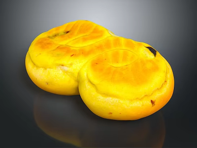 Two Golden Yellow Round Pastries With Shiny Surface And Tasty Filling 3d model