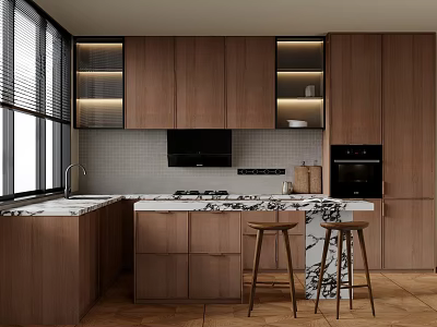 Modern Kitchen Design With Brown Wooden Cabinets Marble Countertop And Bar Stools 3d model