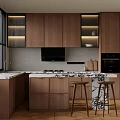 Modern Kitchen Design With Brown Wooden Cabinets Marble Countertop And Bar Stools