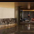 Modern Luxury Hotel Corridor With Dark Walls Wooden Ceiling Marble Flooring And Recessed Lighting