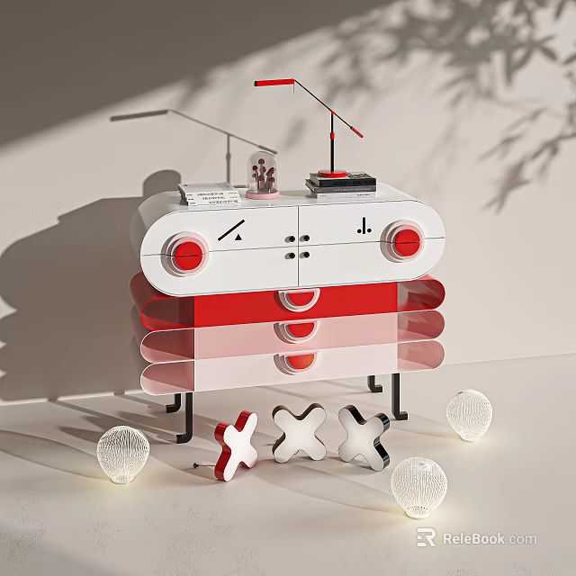 Red and White Cross Shaped Dolls with Red Lamp Multi Layer Cabinet and Transparent Spheres 3d model 