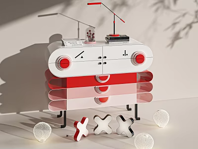 Red and White Cross Shaped Dolls with Red Lamp Multi Layer Cabinet and Transparent Spheres 3d model
