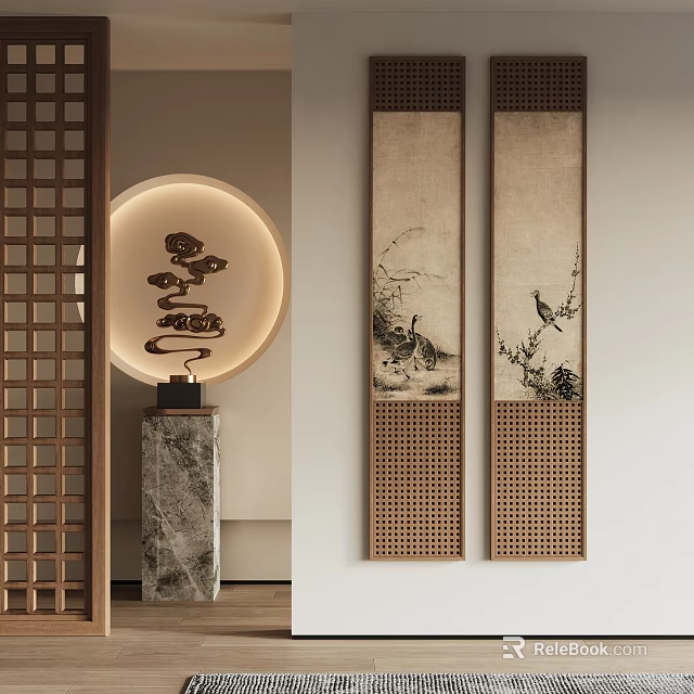 Chinese Style Interior With Lattice Round Lamp Cloud Pattern Vertical Scroll Paintings And Bird 3d model