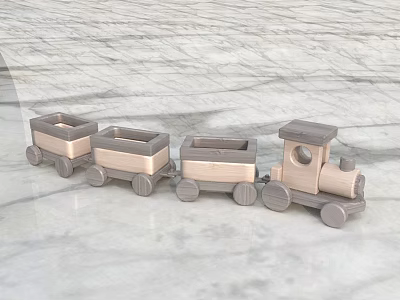 Wooden Toy Train Set With Locomotive And Three Carriages On Marble Surface 3d model