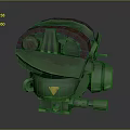 Green Cartoon Style Mechanical Sculpture With Large Goggle Eyes Yellow Triangle On Chest