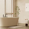 Minimalist Bathroom Interior With Freestanding Bathtub Wooden Blinds And Green Plant