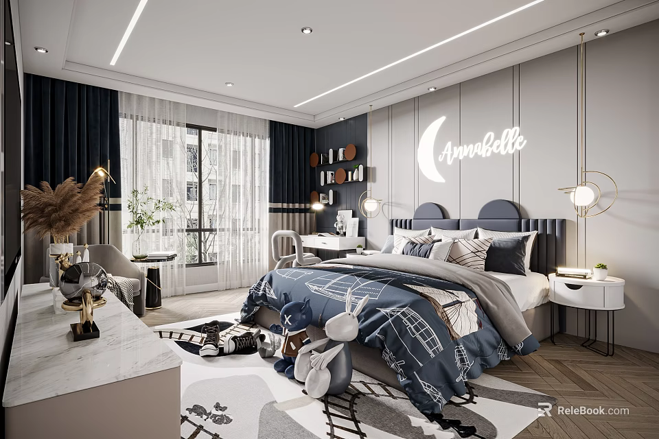 Kids Room Interior Design With Blue Bed Study Desk Bookshelf And Moon Wall Decor 3d model 