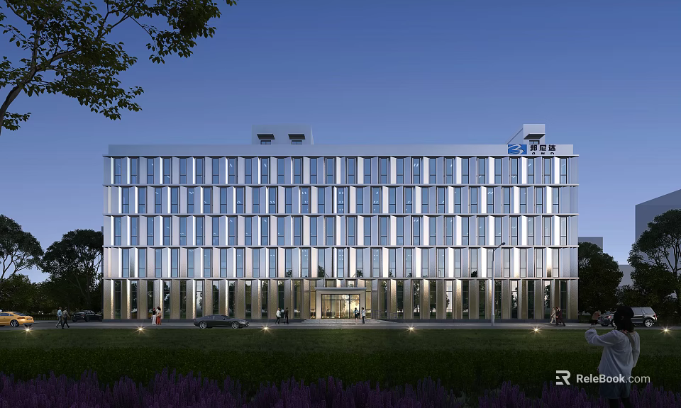 Aerial Planning of Modern Office Building With Glass Curtain Wall at Night 3d model 