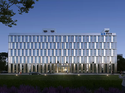 Aerial Planning of Modern Office Building With Glass Curtain Wall at Night 3d model