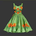Green Floral Dress With Orange Flower Decorations And Flared Skirt