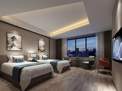Modern Hotel Guest Room With Twin Beds Large Window City View And Decorative Paintings 3d model